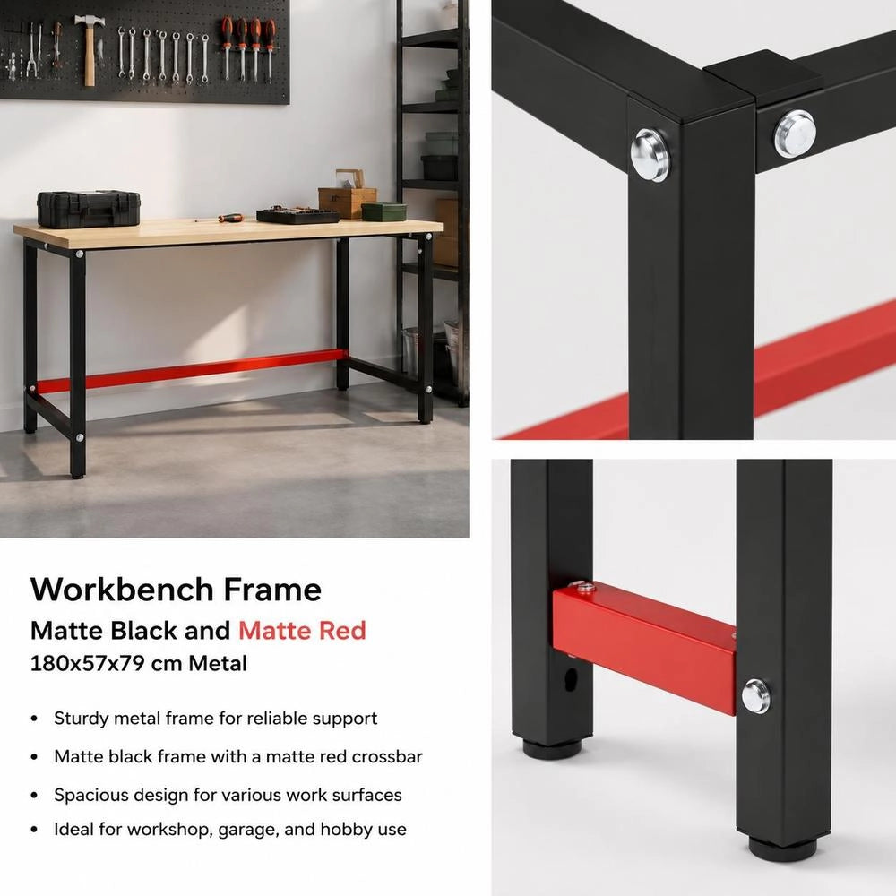 Workbench Frame, Matte Black And Matte Red, 180x57x79 Cm, Metal
