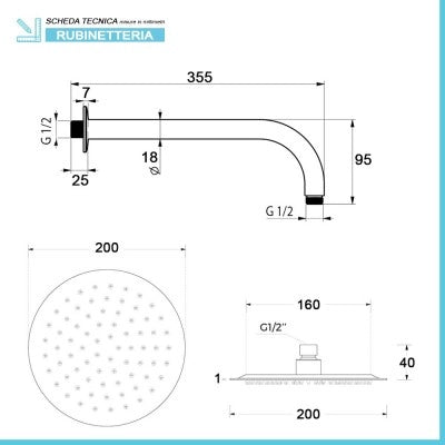 Set doccia nero opaco completo di soffione tondo 20 cm, kit doccetta e miscelatore