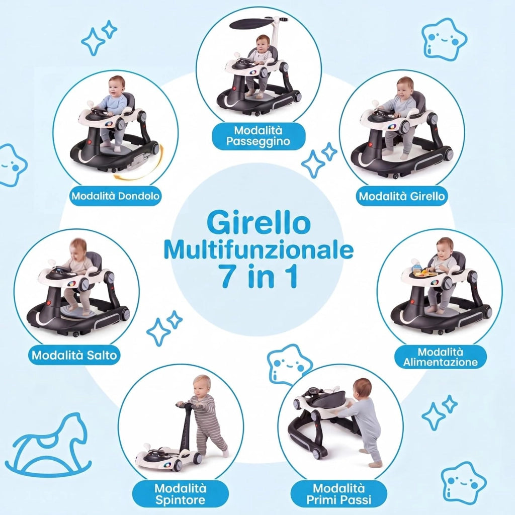 Girello per Bambini 6-in-1 Evolutivo, Centro Attività Pieghevole con Maniglia, Regolazione Altezza/Velocità, con Musica, Luci Tenda, per Neonati 6-18 Mesi (Nero+Bianco)