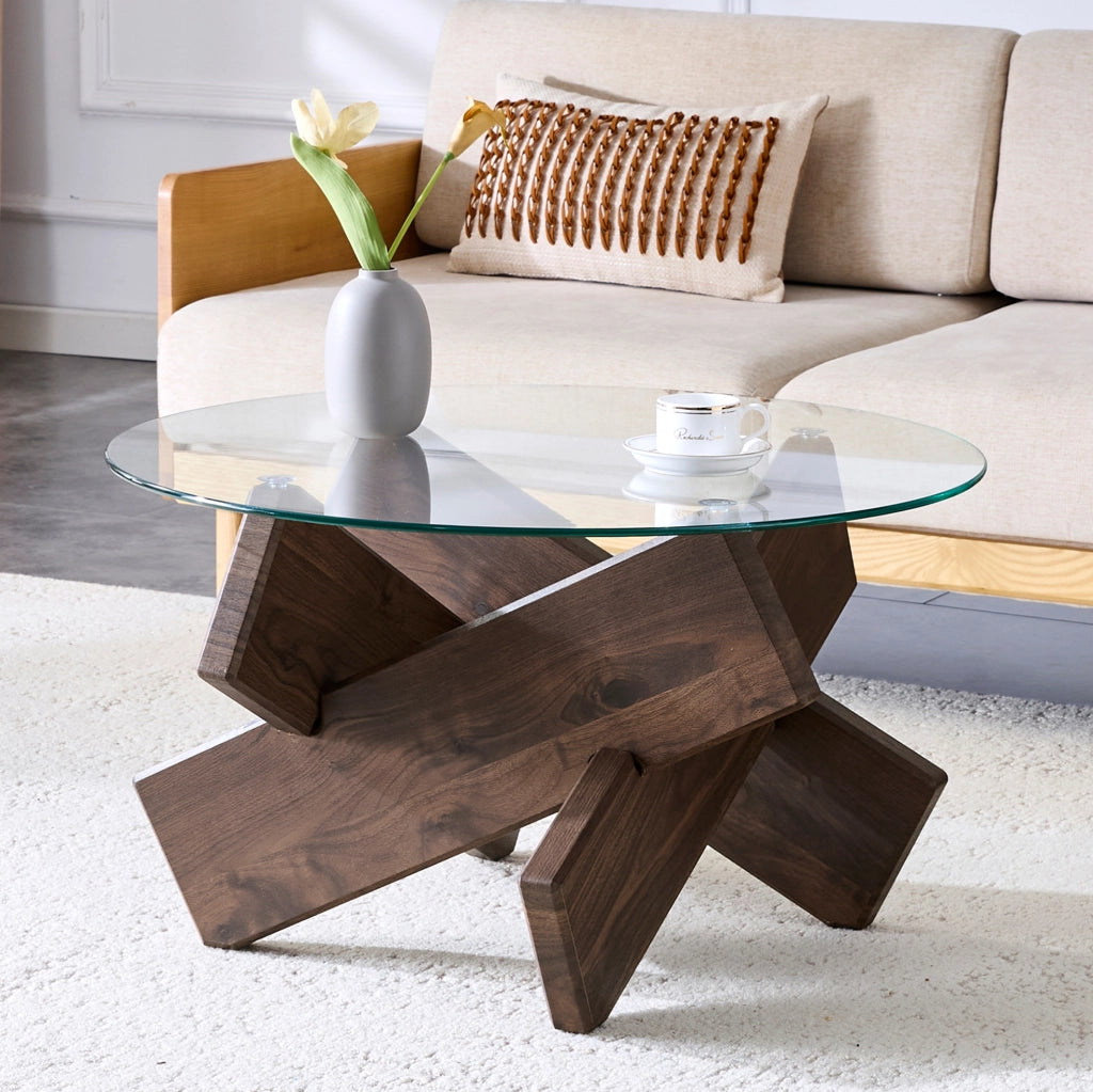 Tavolino da caffè rotondo in MDF e vetro Ø79 cm noce