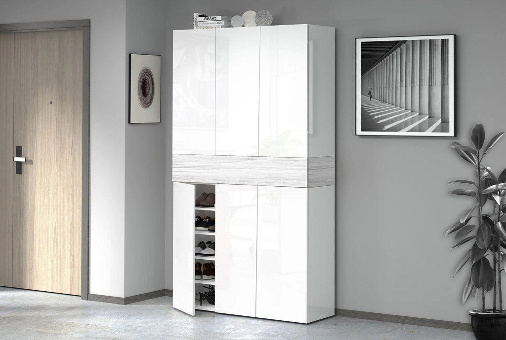 Armadio Scarpiera 6 Ante e 1 Ripiano a Ribalta 114x35x200 cm Savona 6A 1R Bianco Opaco/Larice Bianco