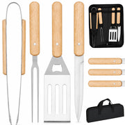 Set 4 Pezzi Accessori per Barbecue Valigetta Pieghevole con Manico in Legno