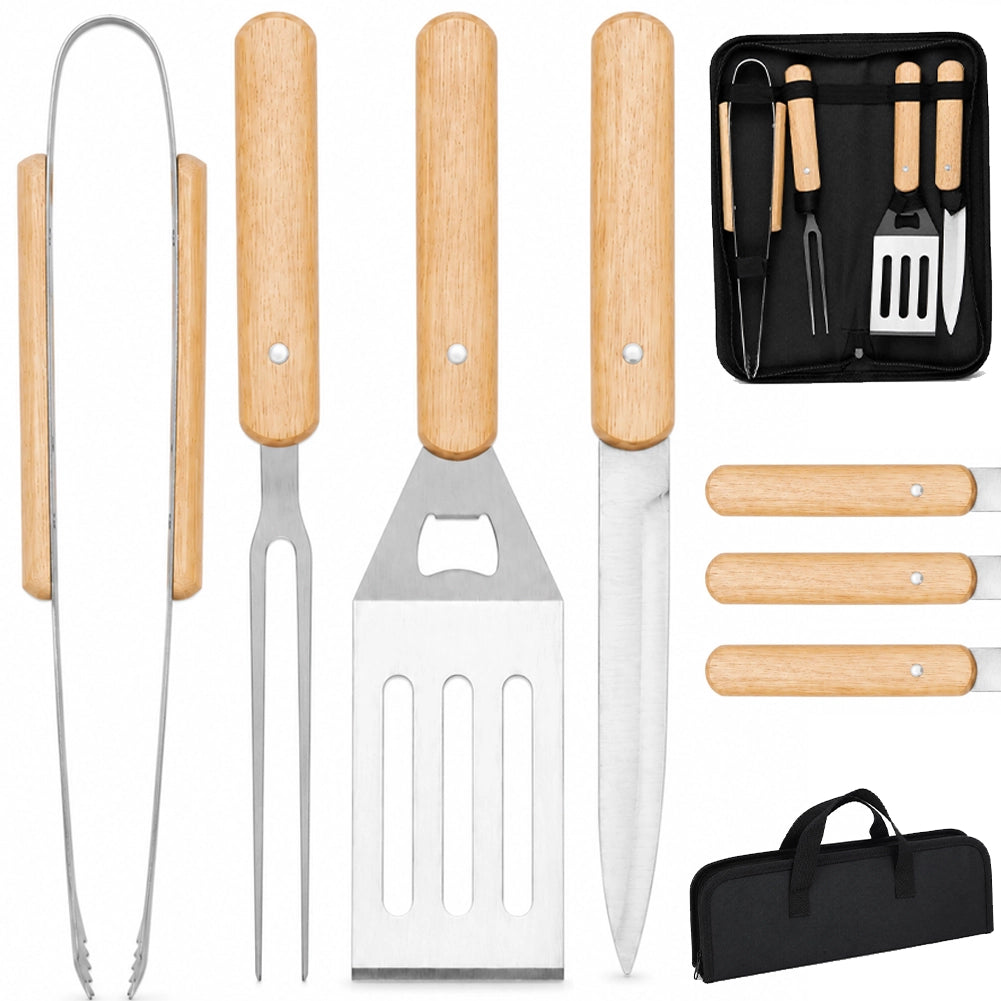 Set 4 Pezzi Accessori per Barbecue Valigetta Pieghevole con Manico in Legno