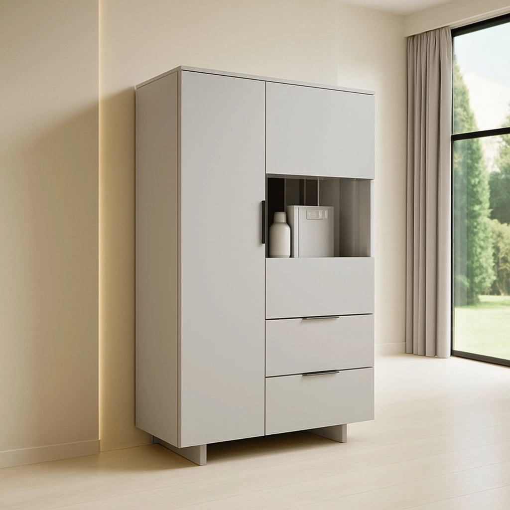 Credenza Rimella, Madia da salotto con due ante battenti e due cassetti, Rialzato da terra, 90x42 h170 cm, Beige