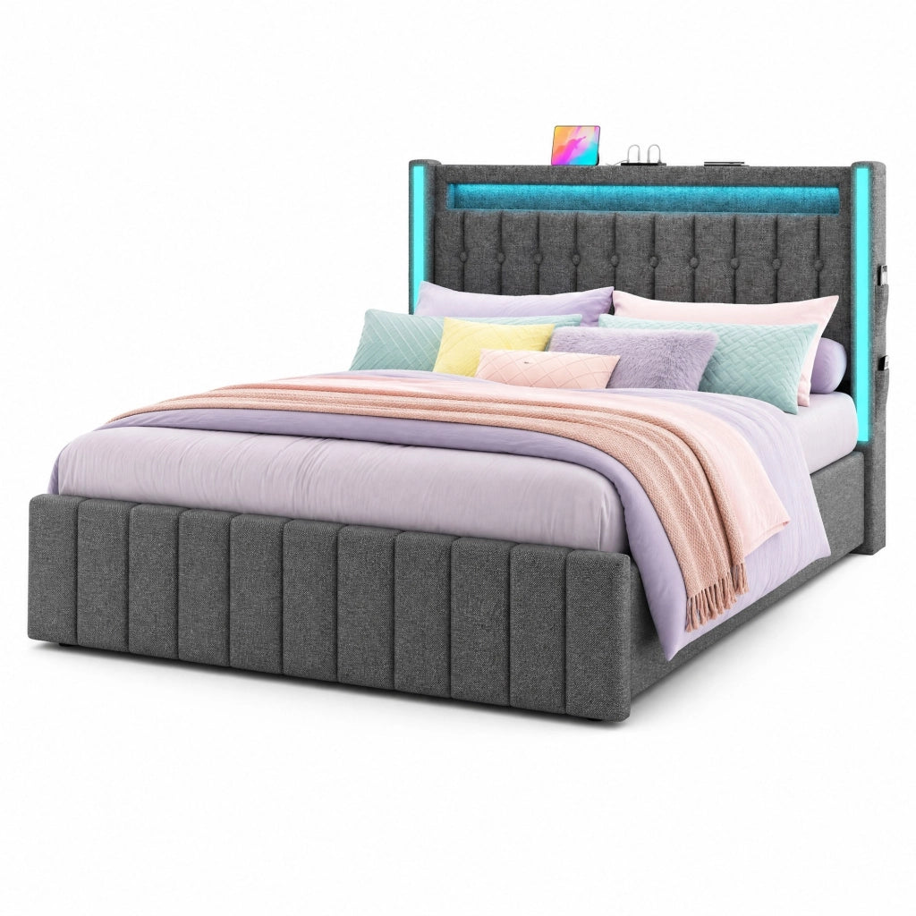 Letto imbottito matrimoniale 160x200 cm con USB Type-C, LED e 4 cassetti, struttura letto con rete in legno, grigio