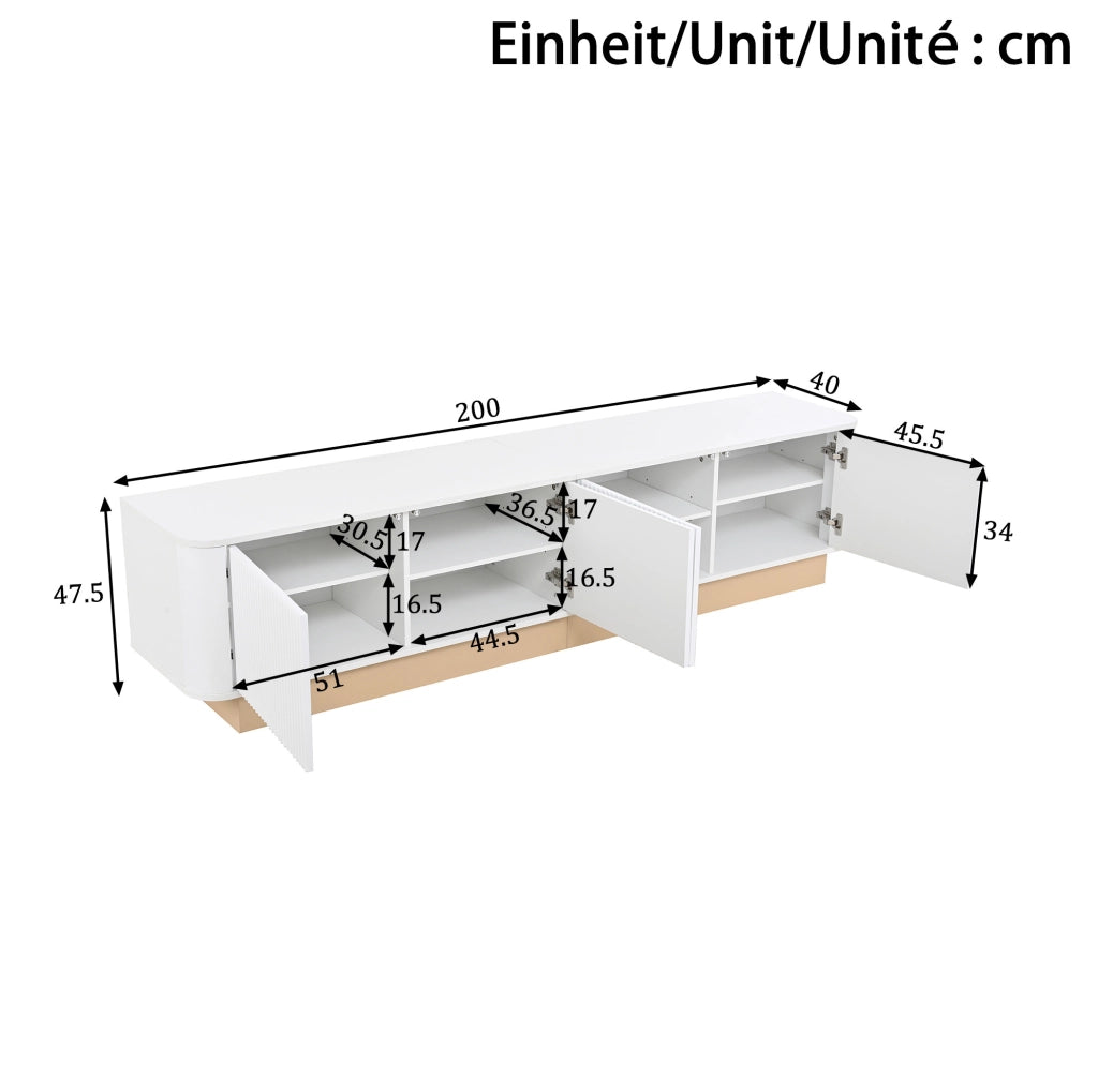 Mobile TV 200x40x47,5 cm a 4 ante in MDF bianco con ripiani regolabili