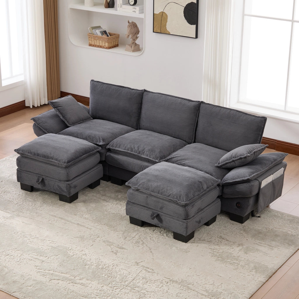 Divano modulare a 3 posti in tessuto corduroy con 2 pouf, seduta ampia ergonomica, USB-C, grigio scuro