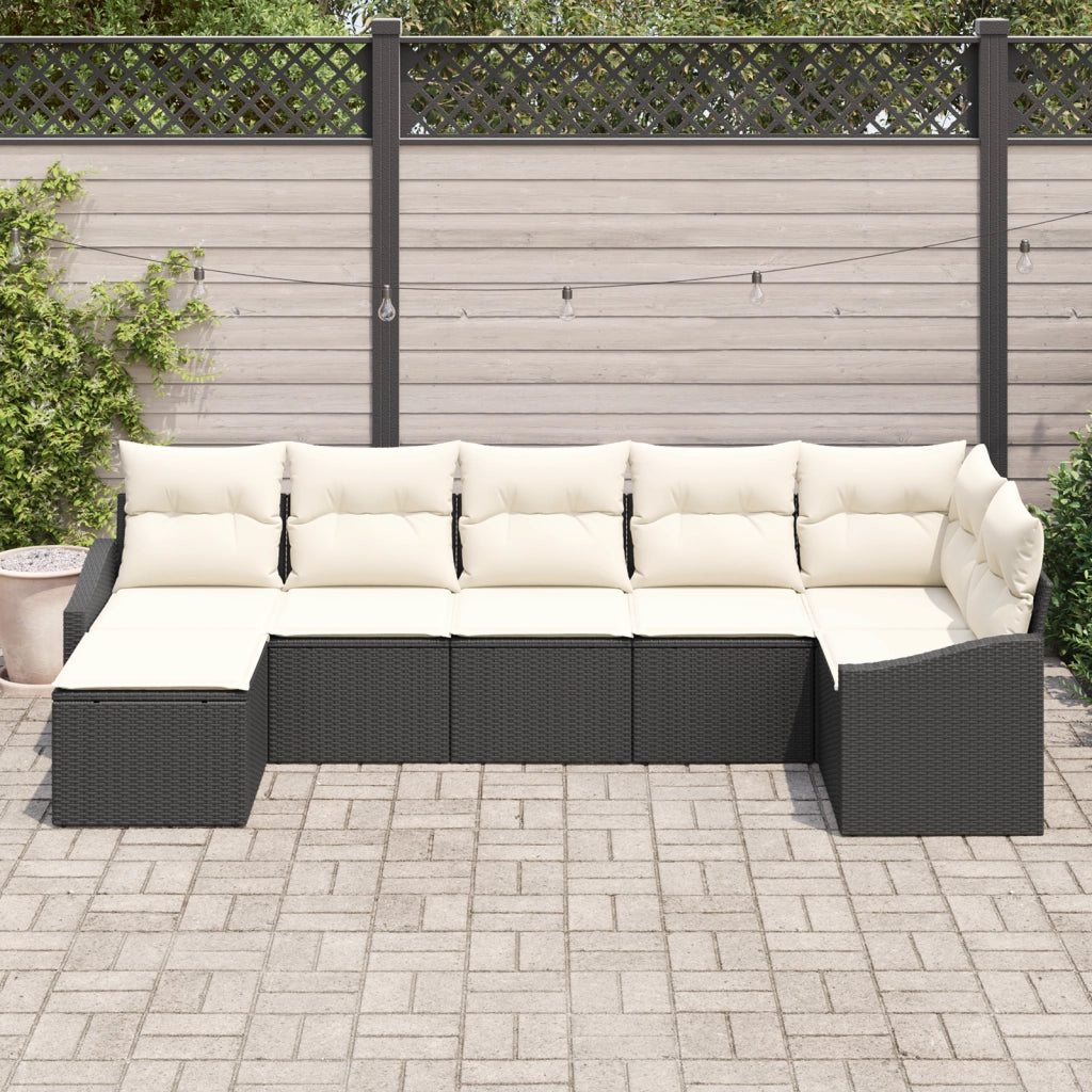 Set da Pranzo per Giardino 7 Pezzi con Cuscini Nero Polyrattan