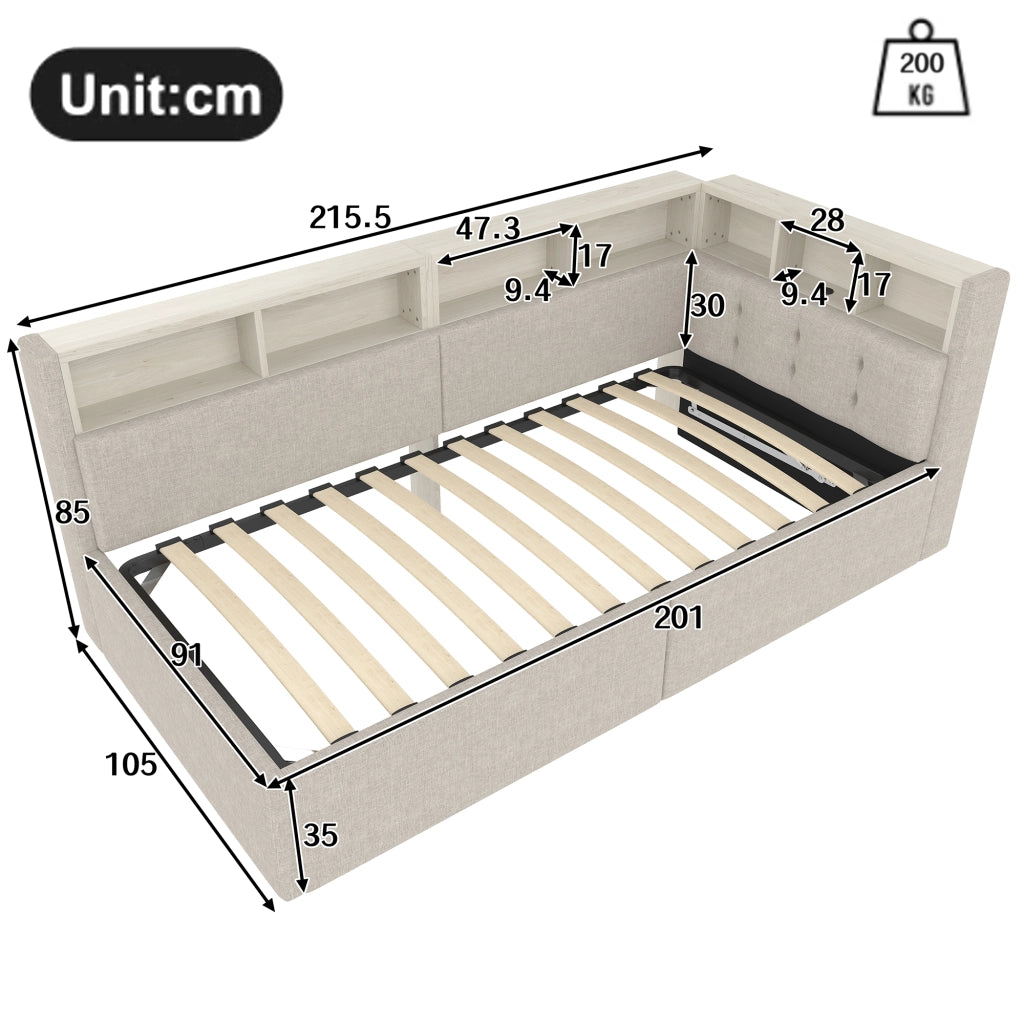 DESMIU Letto divano 90 × 200 cm 1 posto con LED regolabile, USB, Type-C e contenitore idraulico, senza materasso, beige