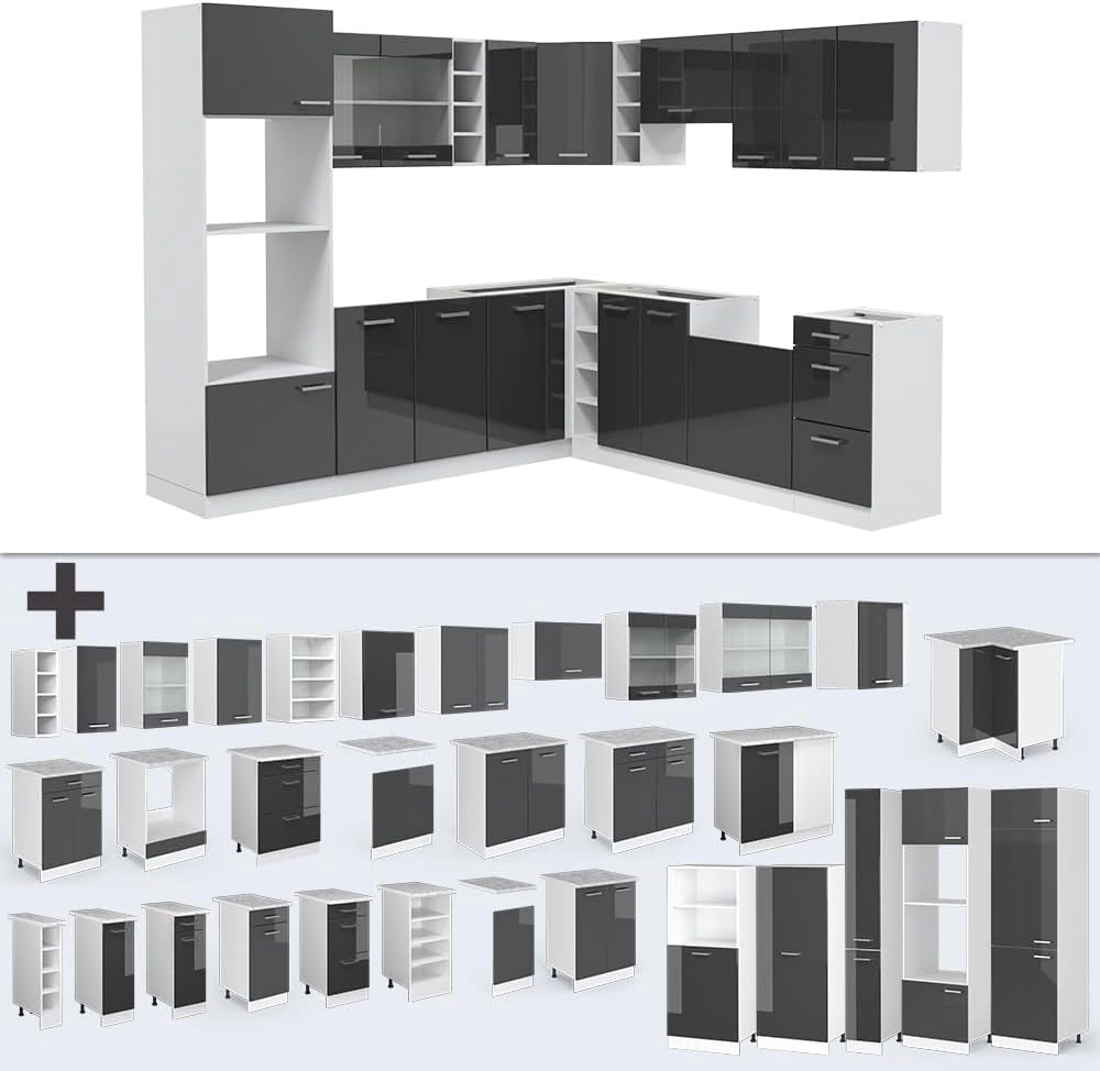 Cucina angolare completa R-Line, Antracite lucido, 247 x 60 cm, PL Marmo, per disposizione flessibile ed espansione modulare