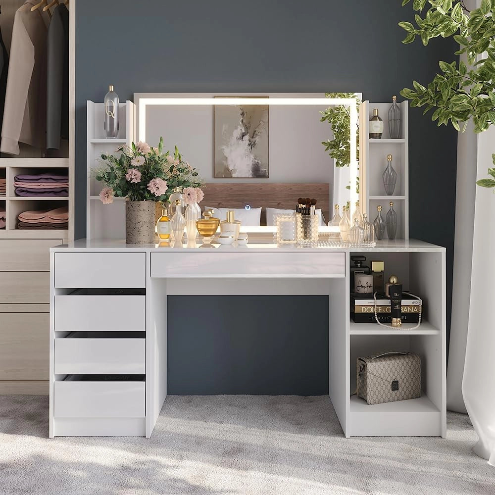 Tavolo da toeletta Sherry, Bianco/bianco lucido, 158.2 cm 4 parti