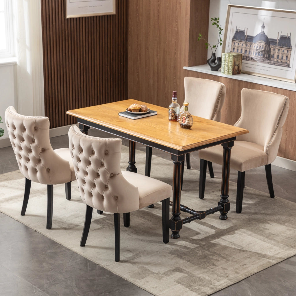 Sedie da Pranzo Imbottite in Velluto ¨C MINIMAL ¨C Beige, Gambe in Legno Massello, Set 4 Pezzi