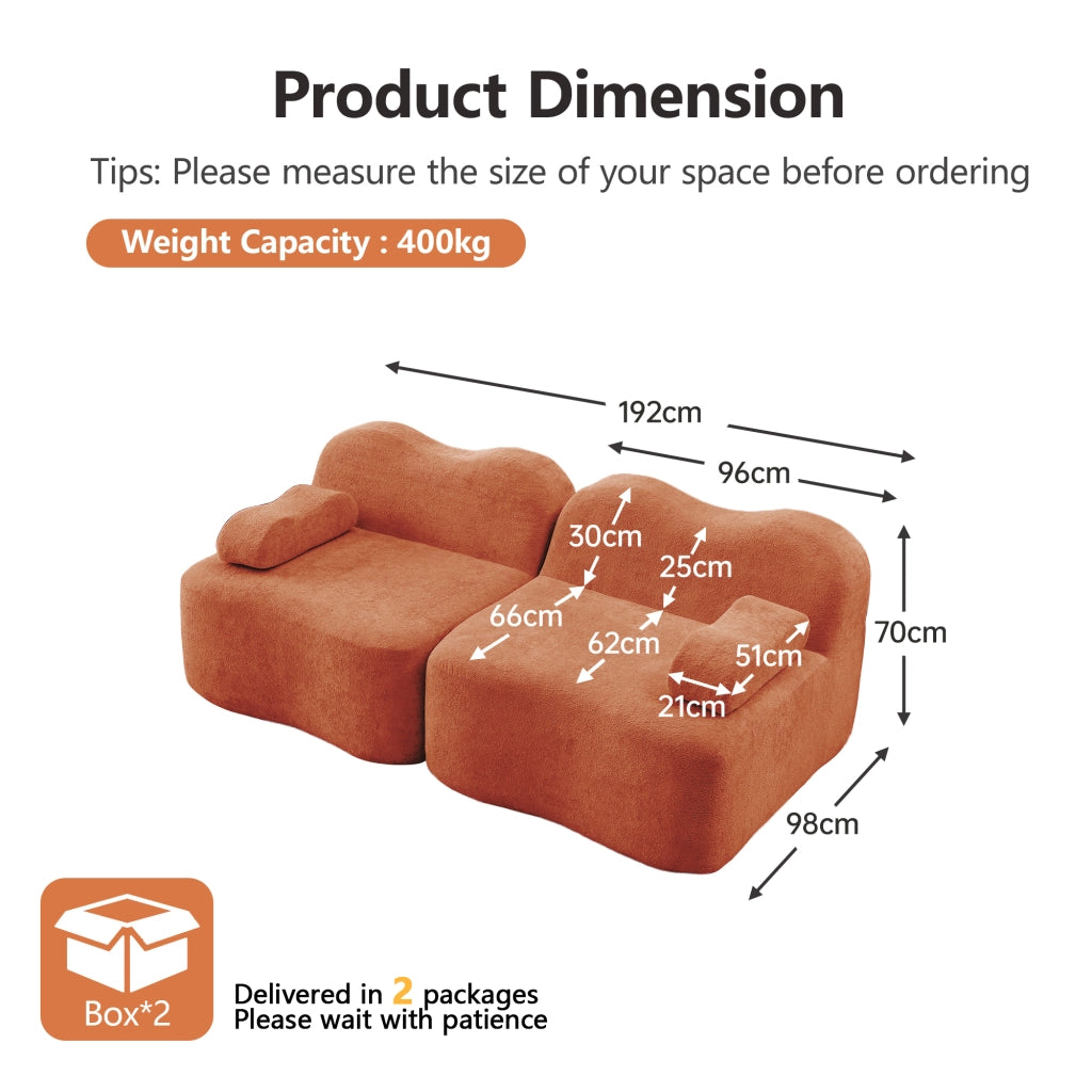 Divano modulare 2 posti con seduta profonda; pouf collegabile e bracciolo mobile in velluto arancione