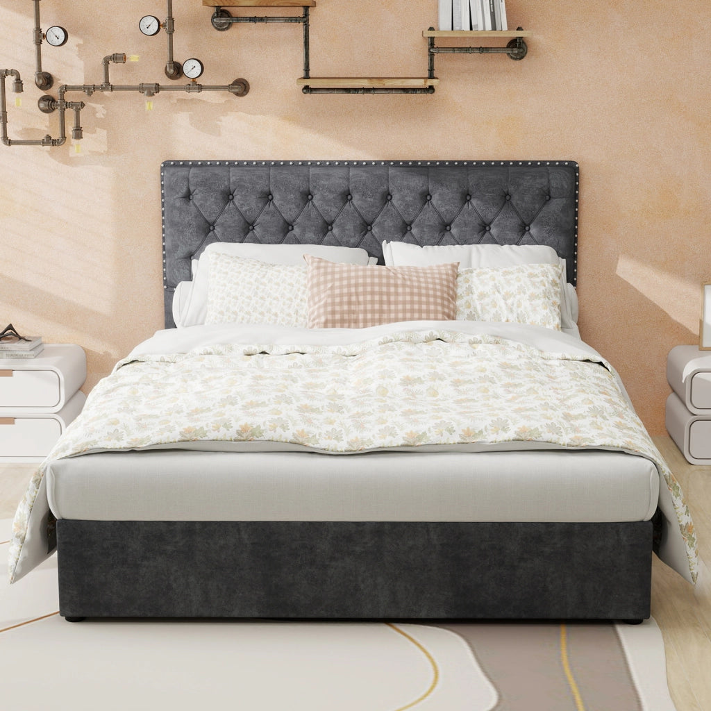 Letto Matrimoniale 140x200 cm; con spazio sotto il letto; in Tessuto e Metallo; Grigio