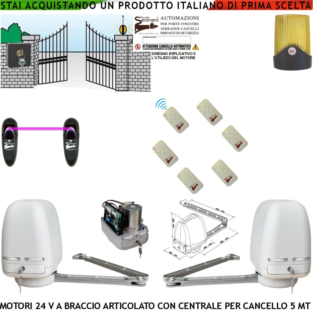 Cancello Automatico Kit Motori a Braccio Articolato 24 V 2 Ante da 0,5 a 2,5 MT Centrale 220/24 V Selettore 6 Radiocomandi Faro Coppia Fotocellule