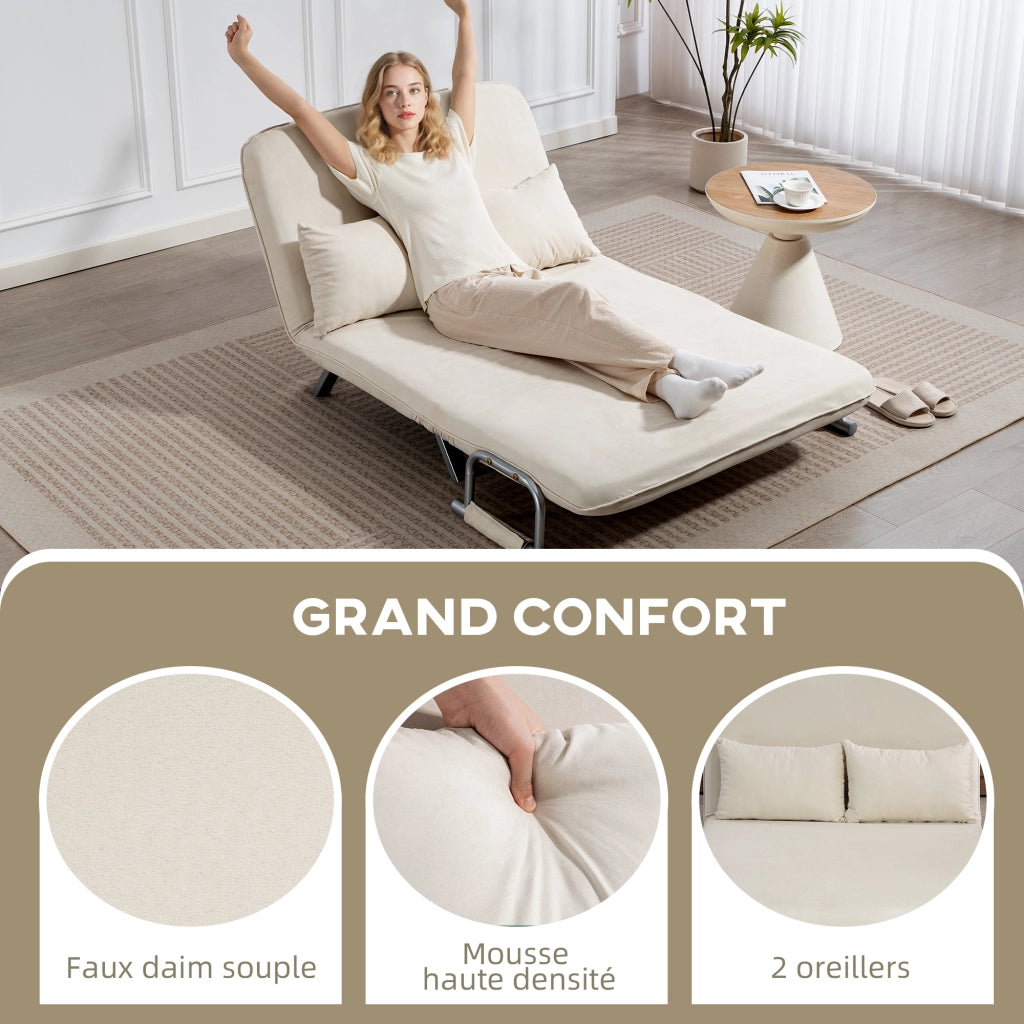 Divano letto 2 posti con schienale regolabile e 2 cuscini ¨C zephmum ¨C beige similpelle