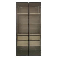 Set di 2 Armadietti Multiusi da Bagno con Illuminazione LED, 2 Cassetti e Ante, Vetro Satinato, 74×36×155 cm, Naturale