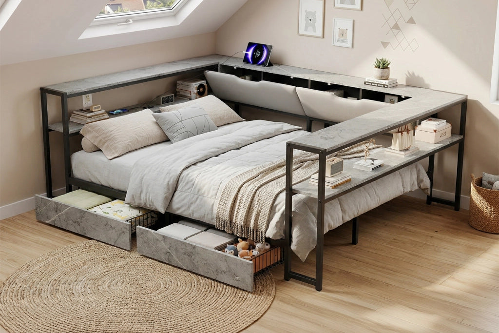 Letto per bambini con contenitore, USB e USB-C, rete a doghe in metallo, 2 cassetti, grigio, 90x200 / 140x200 cm