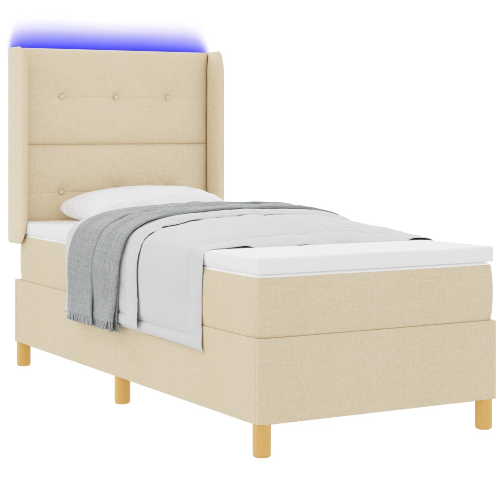 Letto con Box Spring e Materasso LED Crema 90x200 cm in Tessuto