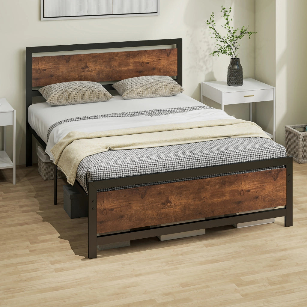 Letto Matrimoniale in Acciaio con Testiera e Rete a Doghe ¨C Zephmum ¨C 140x190 cm Marrone