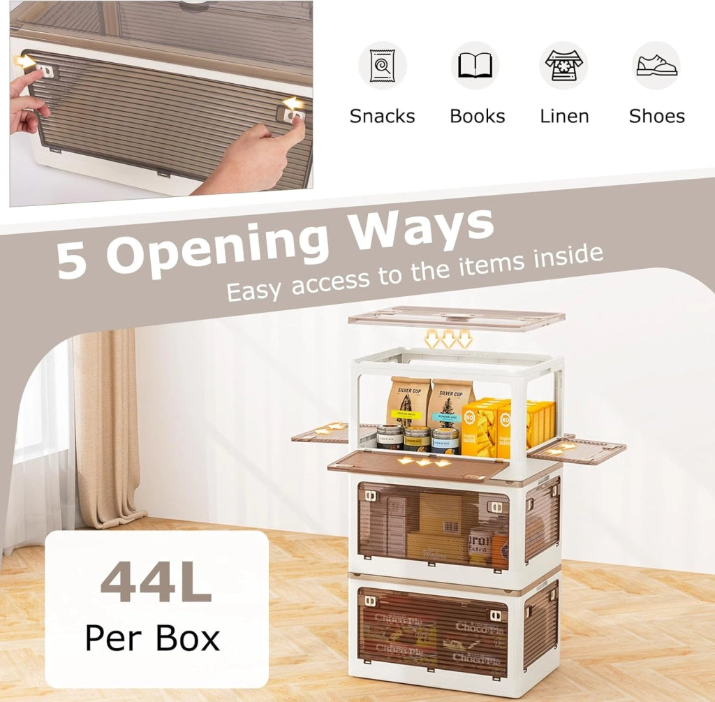 Contenitore in Plastica a 3 Strati e 5 Ante 132 L, Armadio Organizer Trasparente Pieghevole con Ruote Grande Capacità，Adatto a Camera da Letto, Ingresso, Cucina