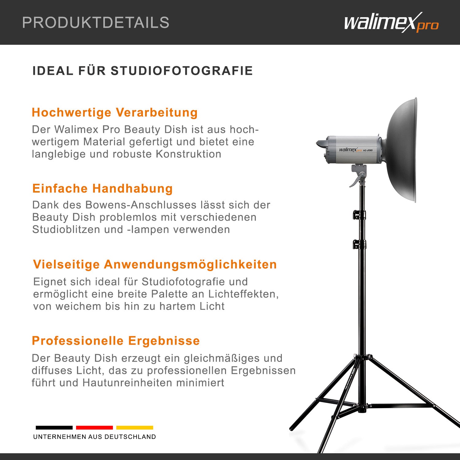 Beauty Dish Ø 40 cm per attacco Bowens e Walimex pro, riflettore per luce morbida, per fotografia beauty ritrattistica