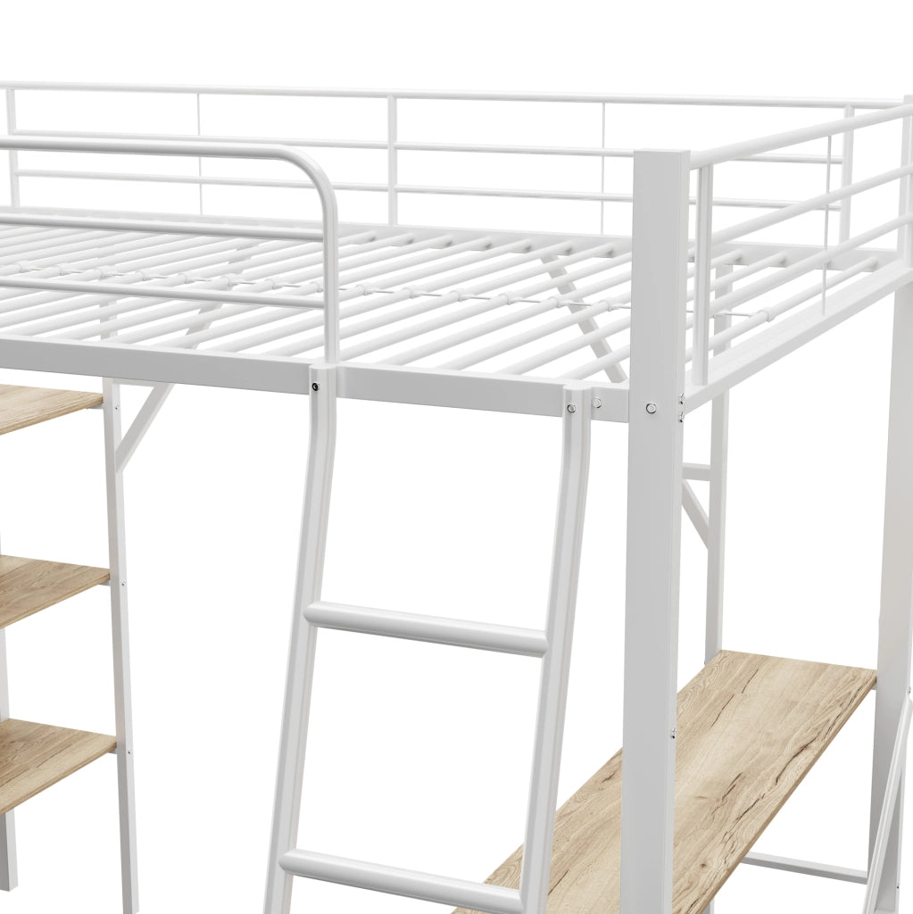 Letto a soppalco 90 x 200 cm con scrivania e tre ripiani, bianco