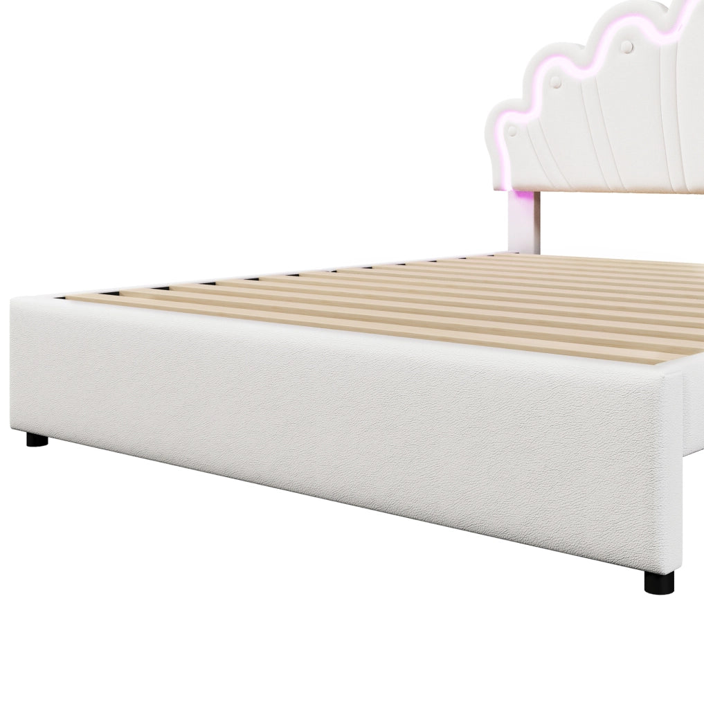 Letto per bambini 140x200 cm con LED; 2 cassetti e testiera regolabile; similpelle bianca e rosa