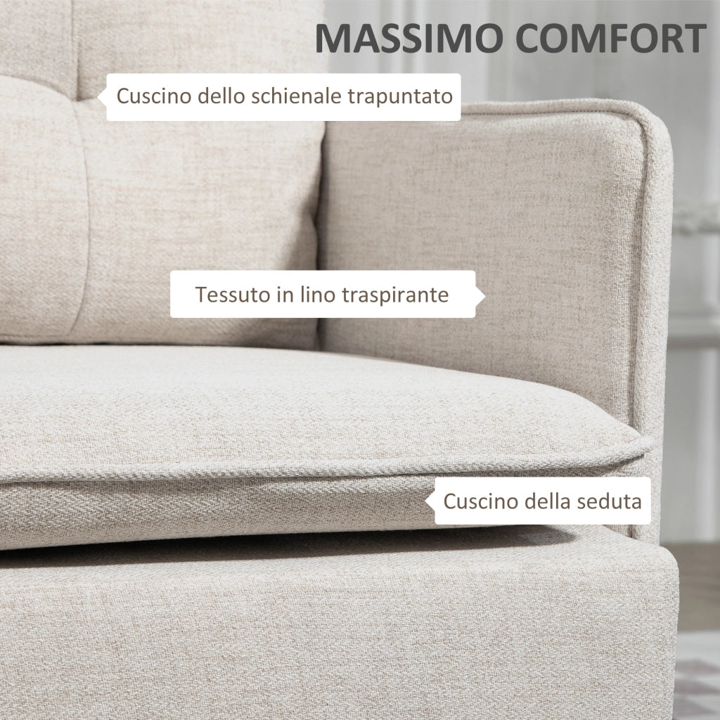 Divano 2 Posti 139x68x80 cm con Cuscini Imbottiti in Tessuto Effetto Lino Bianco Crema