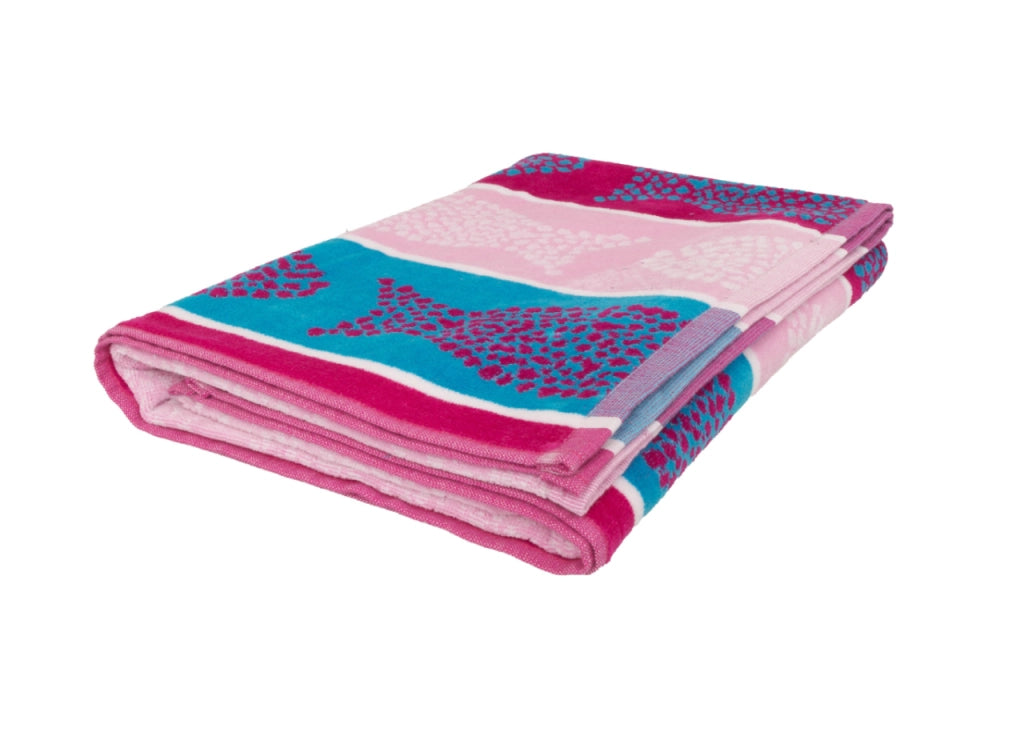 Telo Mare Jacquard Spugna Asciugamano Spiaggia Disegno Fish Pois - Telo Mare - Beige-Fucsia