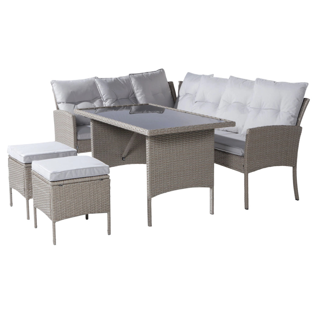 Set salotto polyrattan 7 persone: Divanooo + tavolo + sgabello + cuscini; tessuto lavabile; kaki