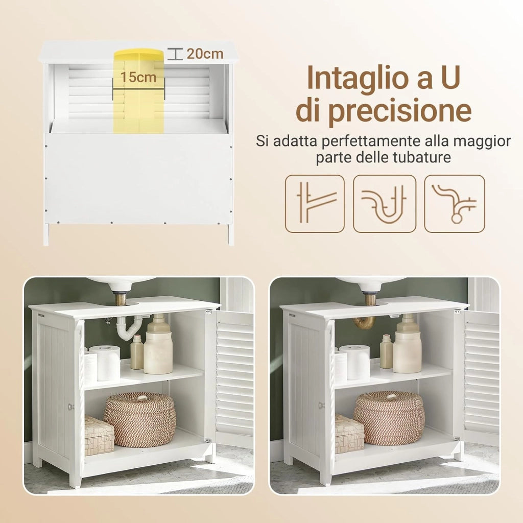 Mobile Bagno Sottolavabo - Mobiletto Bagno Salvaspazio con Mensole Regolabili, Mobile Lavabo in MDF, Antimuffa con Porta a Lamelle, per lavabo a muro, Bianco, 60x58x35cm, FRG237-W