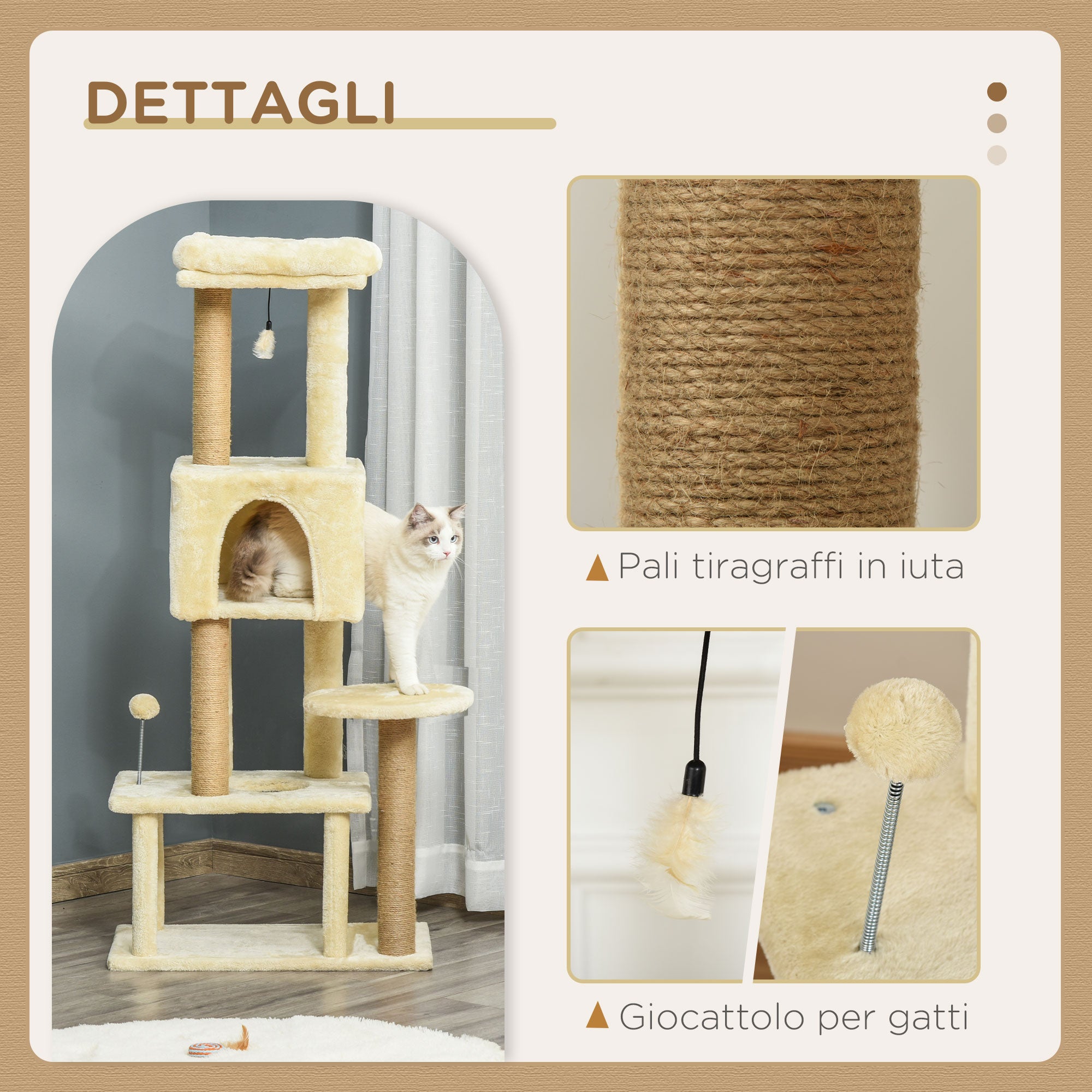 Albero Tiragraffi per Gatti Alto 136 cm con Cuccia Rimovibile Casetta e Lettino Pali in Iuta Beige