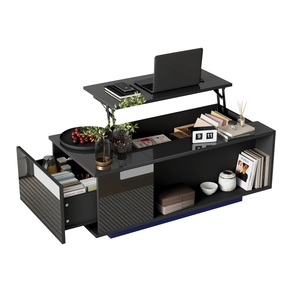 Tavolino da salotto alzabile con 1 Cassetto; vano nascosto e ripiano semiaperto LED; Soggiorno; 100×50×40 cm