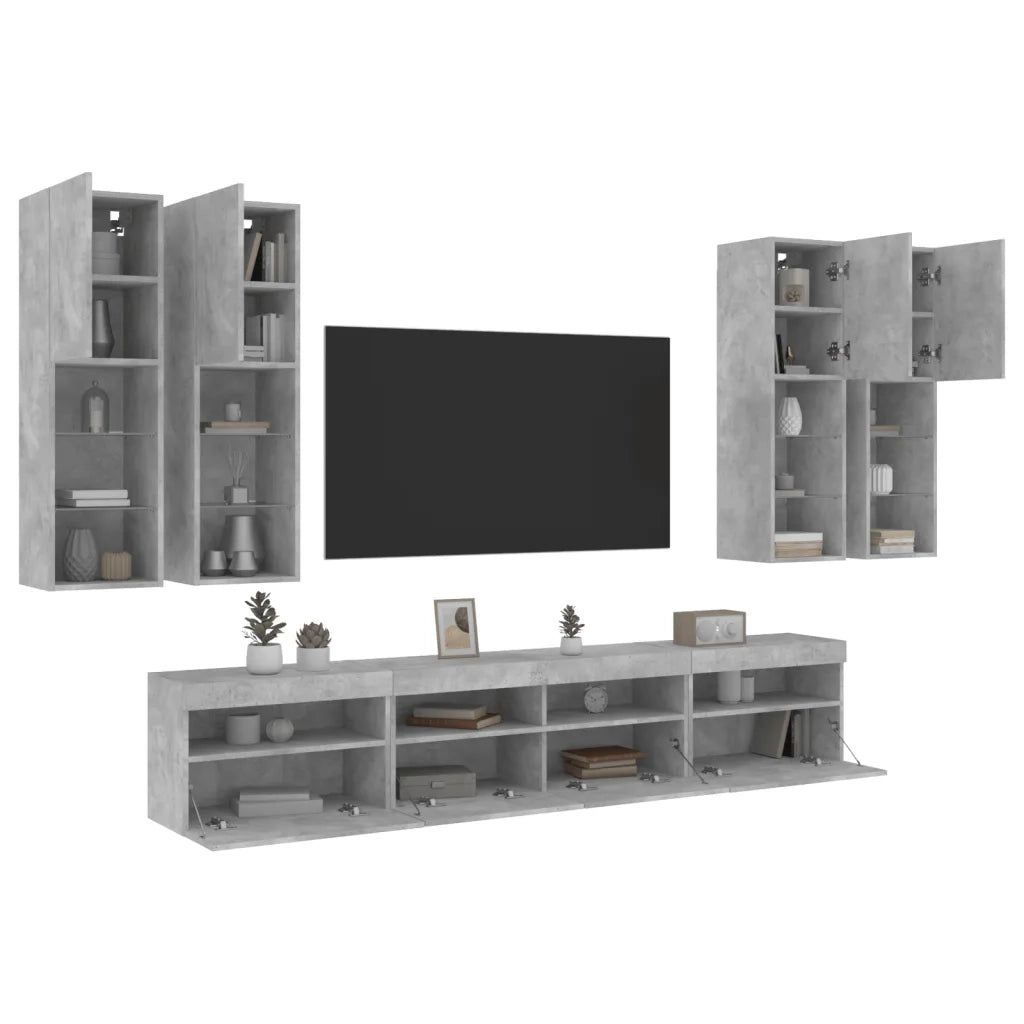 Set Mobili TV a Muro 7 pz con Luci LED Grigio Cemento