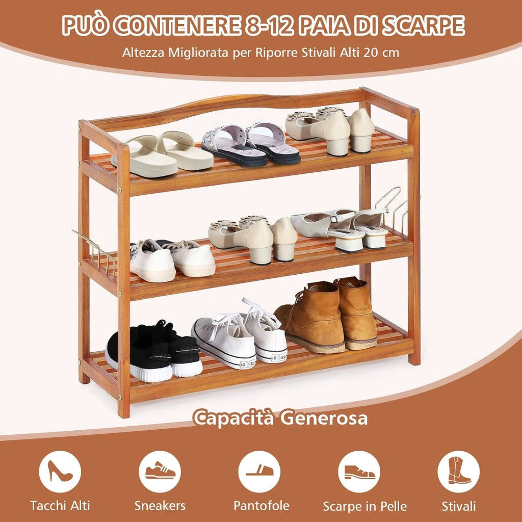 Scarpiera a 2 Livelli, Scaffale per Scarpe in Legno di Acacia Solido con Ganci Laterali in Metallo, Contiene 12 Paia, Capacità di Ogni Ripiano 20 kg, 74 x 26 x 42 cm (3 Livelli)