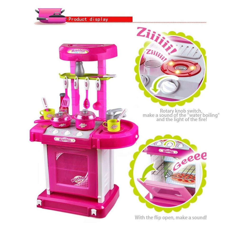 Trade Shop - Cucina Giocattolo Bambini Richiudibile In Trolley Fornello Luci Suoni Accessori Azzurro -
