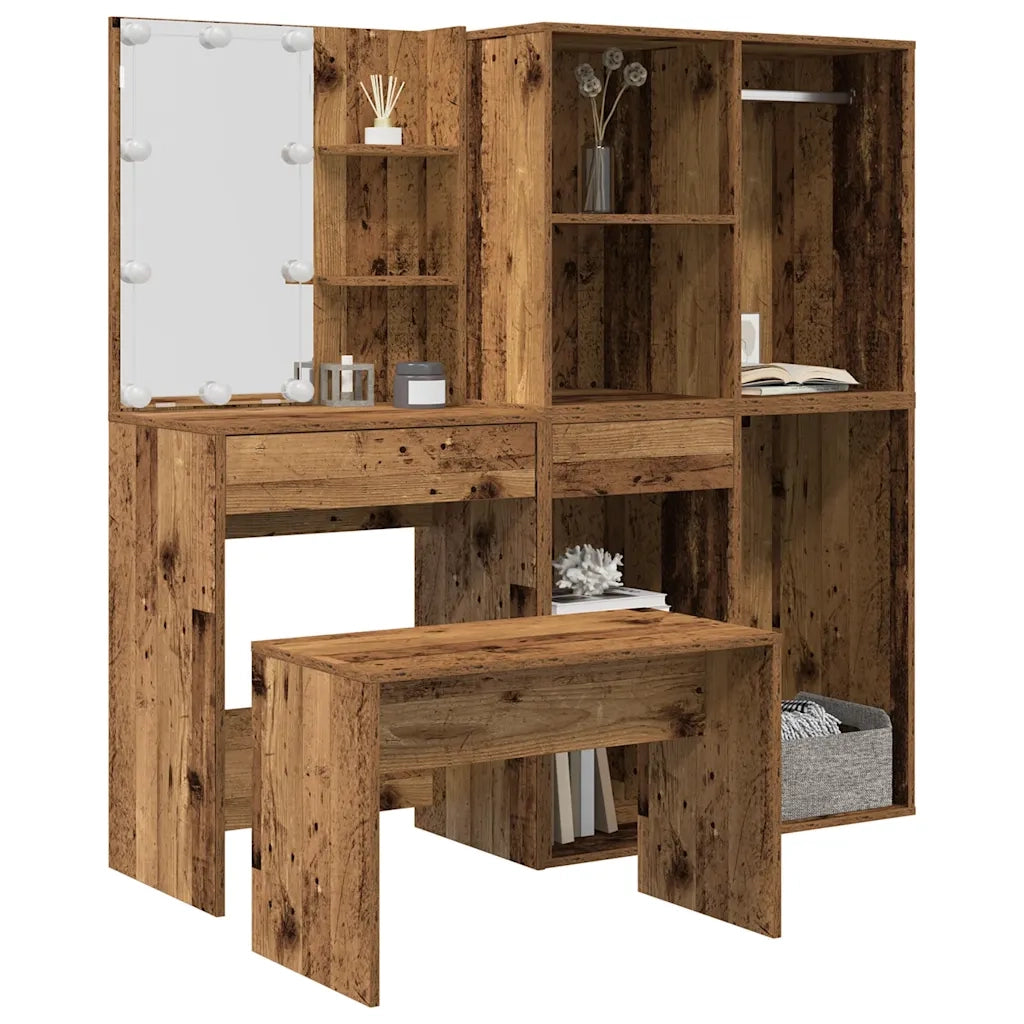 Set Tavolo da Toeletta | Tavolo da Trucco con LED Legno Antico Legno Multistrato