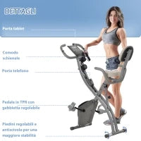Cyclette Pieghevole 2 in 1, Resistenza Magnetica Regolabile 8 Livelli, Bici da Fitness con Sensore di Frequenza Cardiaca, Elastici per Braccia, Schermo LCD, Volano 2.5kg, Grigio