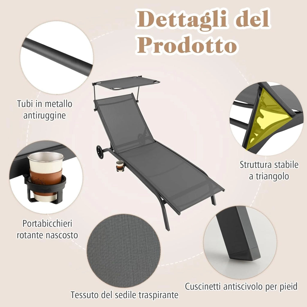 Lettino Prendisole da Giardino, Sdraio Reclinabile con Ruote Tettuccio, con Schienale Regolabile in 6 Livelli, Lettino da Giardino con Portabicchieri a Scomparsa, Portata 150 kg (Grigio)
