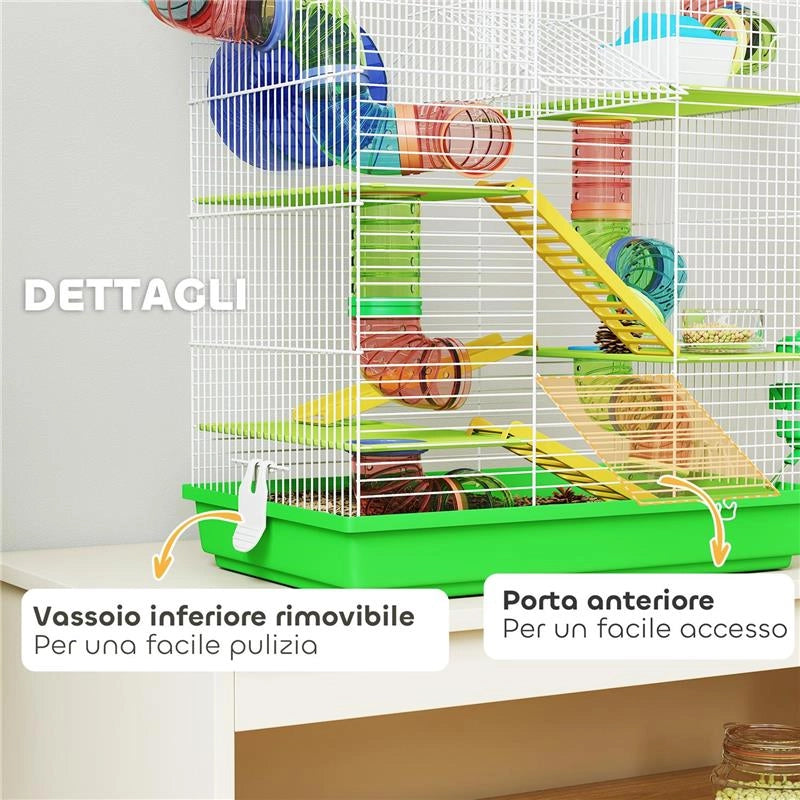GABBIA PER CRICETI A 5 PIANI CON TUBI COLORATI, RUOTA, CASETTA E ACCESSORI, 47X30X59 CM, VERDE