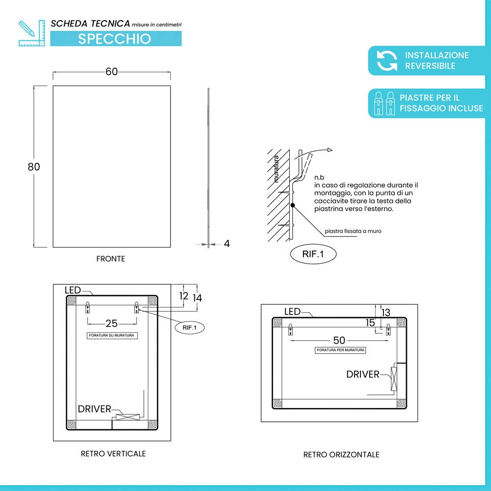 Specchio bagno retroilluminato 60x80 reversibile con luce naturale 4500K