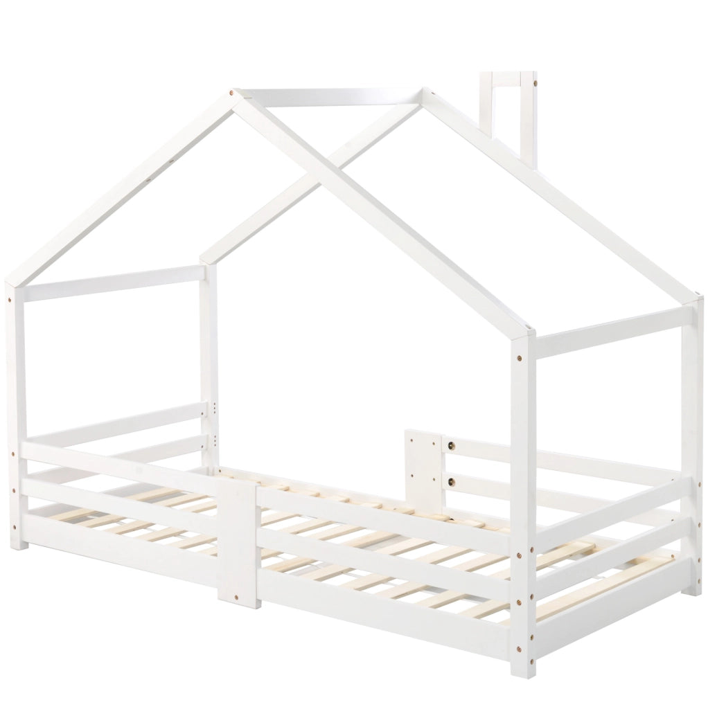 Letto a casetta 90x200 cm con sponda; legno; bianco (Senza materasso)