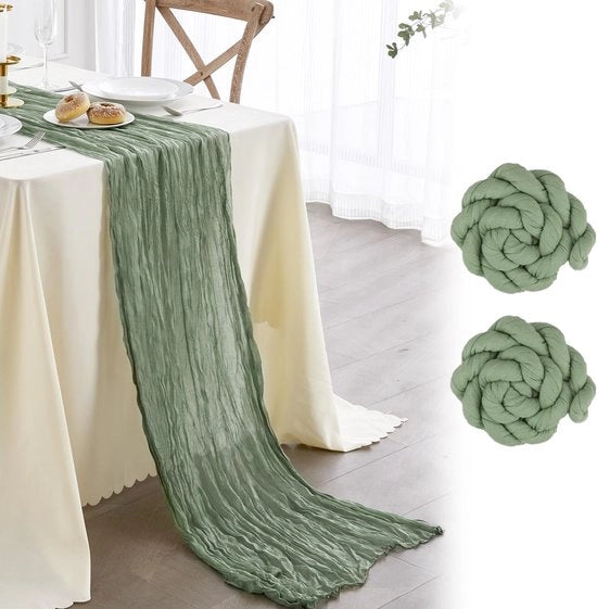 Set di 2 teli di cotone greggio boho - Decorazione per tavola rustica per docce di fidanzamento, compleanni e feste (90x300cm) - Cotone ecosostenibile e riutilizzabile (verde chiaro)