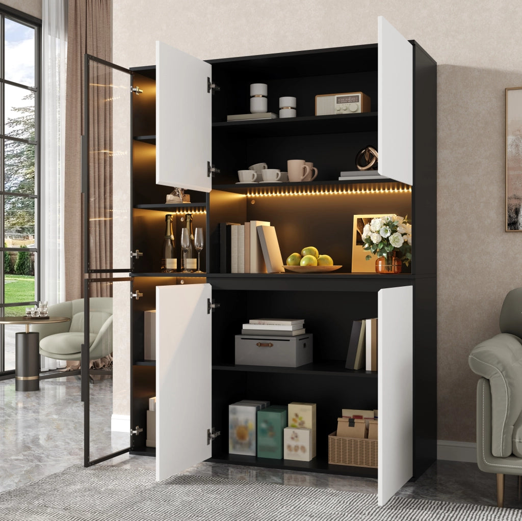 Armadio alto in MDF con LED; vetro e vani aperti 120x40x160 cm Bianco/Nero