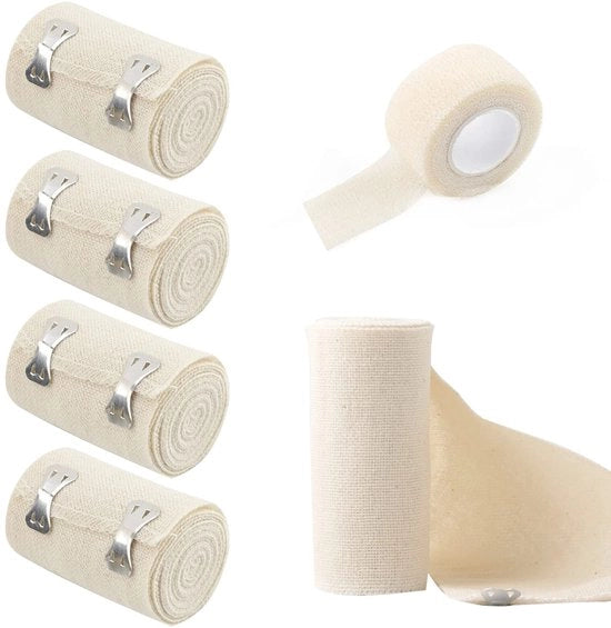 Bende Elastiche 4 Pacchi - Benda Autoadesiva 1 Pacco - Benda di Drenaggio - Protezione Sportiva - Materiale Respirante - 10 cm x 4,5 m - Benda Sportiva