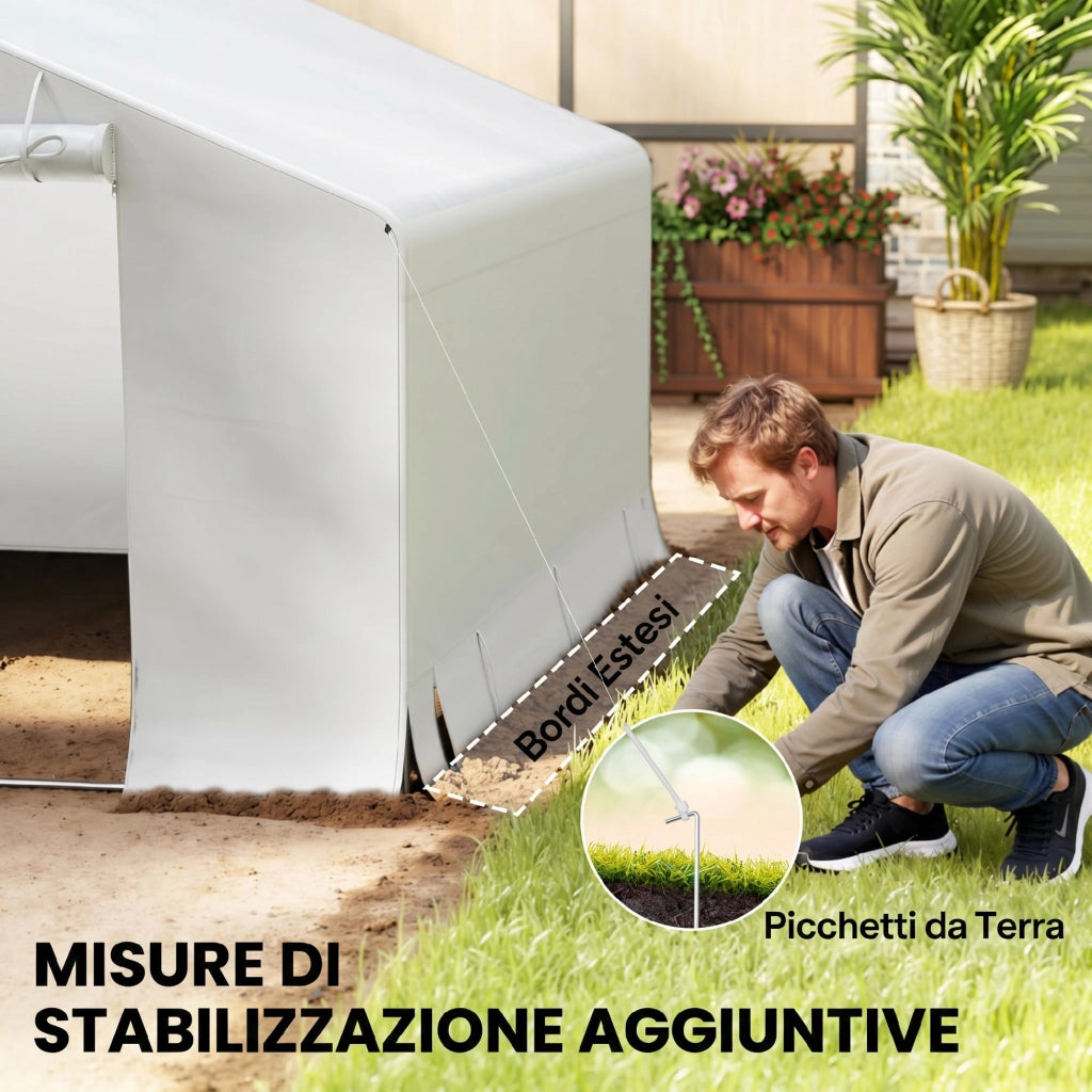 Capanno da Giardino e Tenda Garage 3x3 m Impermeabile con Porta Avvolgibile, Metallo e PE, Bianco