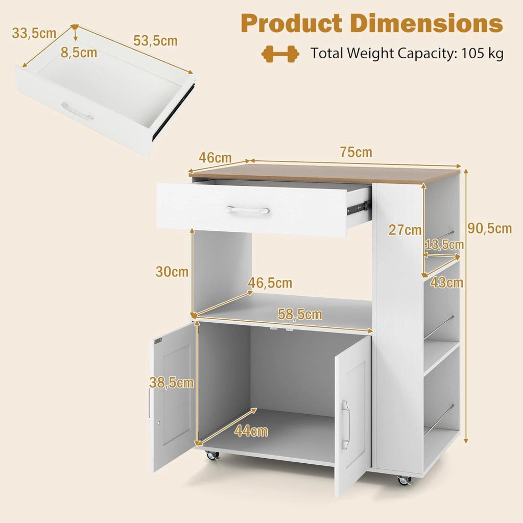 Credenza da Cucina su Ruote, Isola Mobile, Carrello da Servizio con Cassetto e 3 Ripiani, 2 Colori, 75 x 46 x 90,5 cm75 x 46 x 90,5 cm (Bianco)