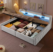 Letto imbottito 140x200 cm con LED e vano contenitore