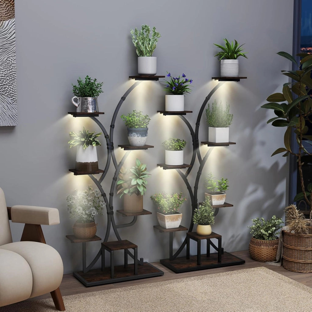 Scaffale per Piante da Interno ed Esterno, Porta Piante con Luci di Crescita, 8 Ripiani in Metallo ad Angolo, Porta Vasi per Balcone, Giardino e Soggiorno, 67 x 30 x 146 cm (1)